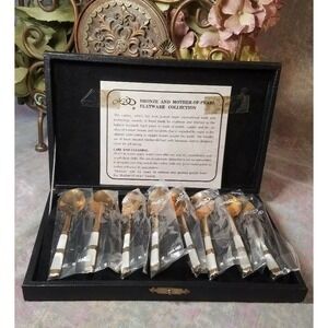 Lot of 8 Thailand Bronze and Mother-Of-Pearl 4.5" spoons NEW IN BOX